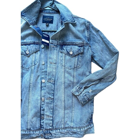 Lucky Brand Womens Blue Denim Trucker Jacket Cotton Distressed Jean Jacket Small - Picture 3 of 16